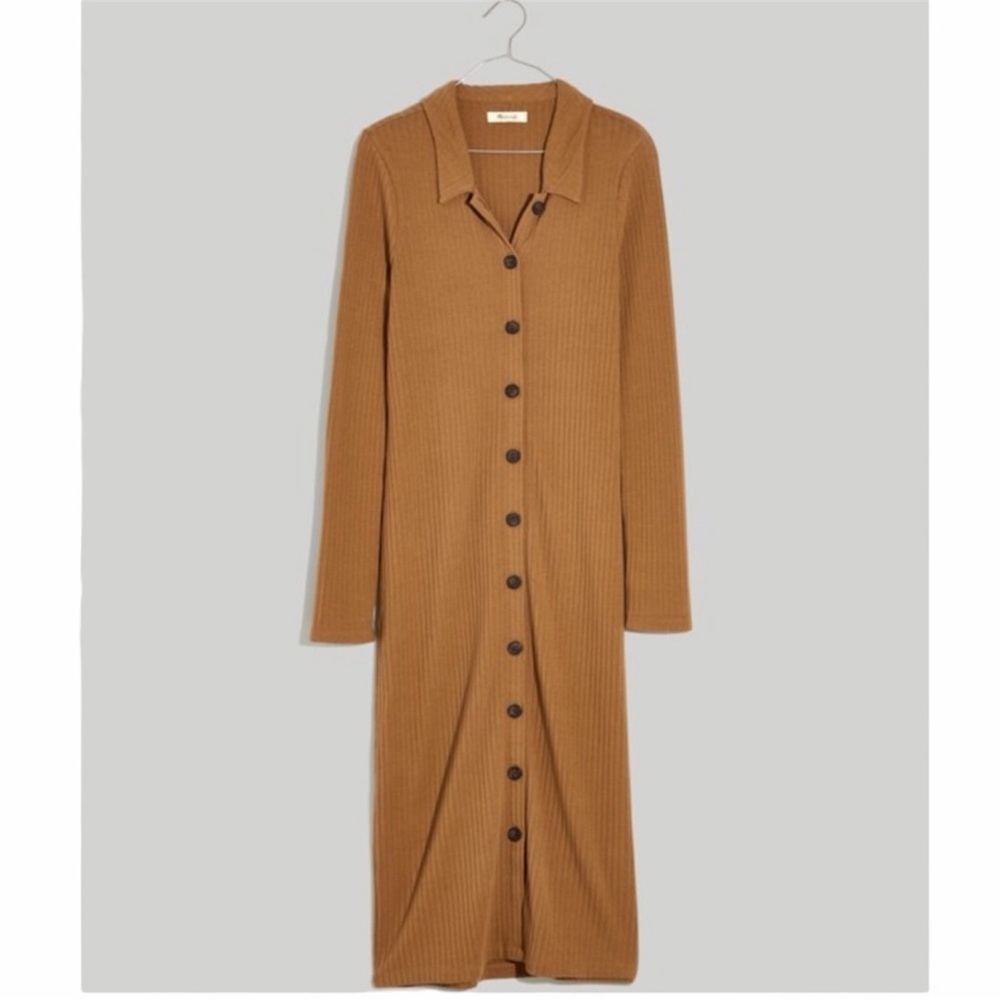 Madewell Button Front Ribbed Knit Midi Shirtdress Brown